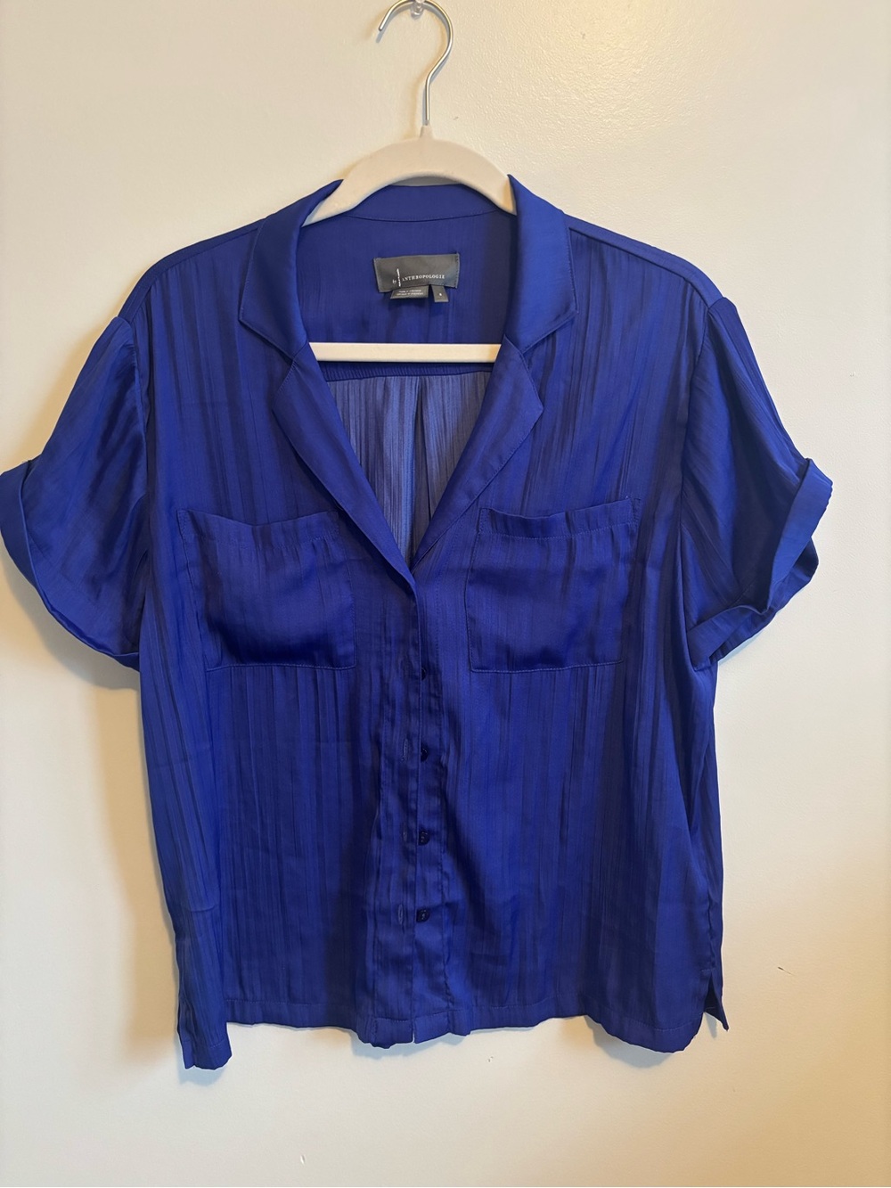 Anthropologie Short-Sleeve Button-Up Blouse in Royal Blue